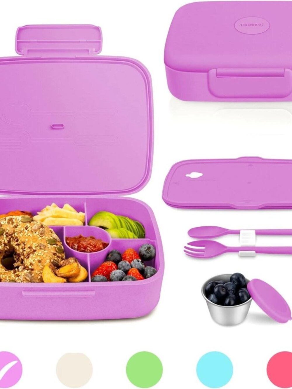Bento 5-Compartment Lunch Box w/Snack Cup, Cutlery, BPA Free (Purple) New in Box